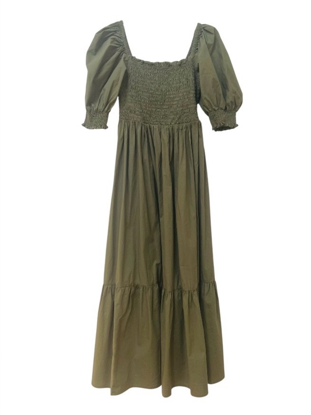 INC Olive Green Prairie Puff Sleeve Smocked Midi Dress XS Tiered Square Neck